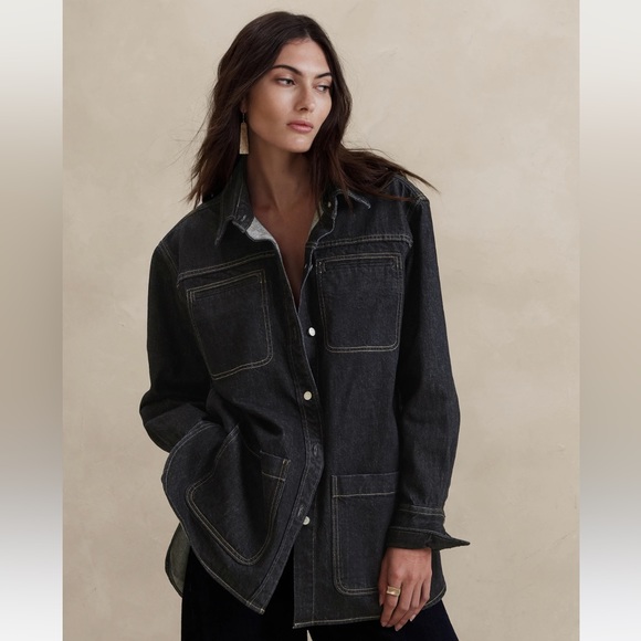 BANANA REPUBLIC Italian-made Denim Shirt Jacket, Rinse Dark Wash, Size XL - Picture 2 of 7